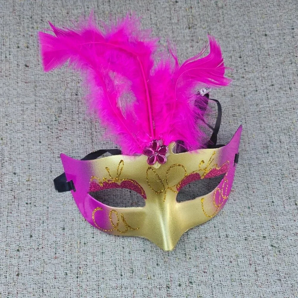 Party Mask Light Up Deep Pink Fuax Feather Masquerade Pink/Gold Face Mask New